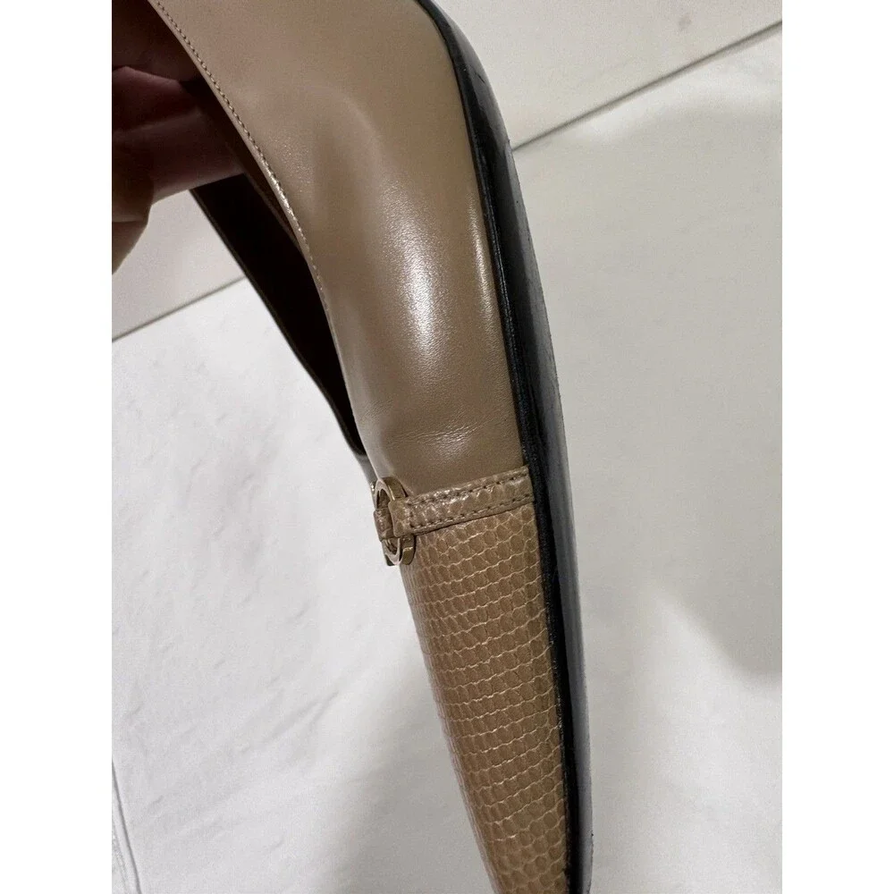 Vintage Salvatore Ferragamo Lizard Cap Toe Kitten Heels Taupe Beige Size 10 4A